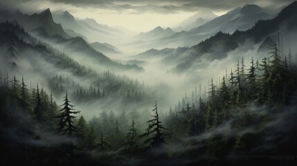 A mysterious fog rolling over a dense forest, veiling the landscape in an ethereal shroud.