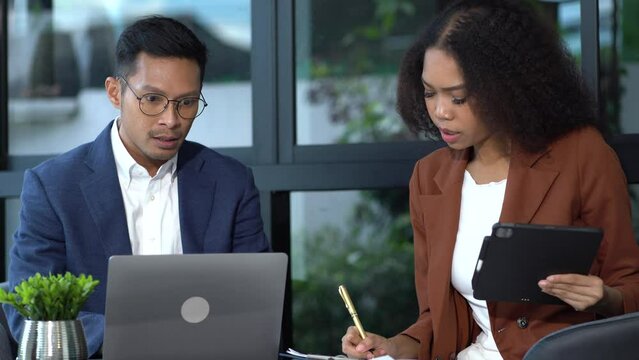Business team new professional investor starts project meet with financial manager, designing a computer, tablet, digital at office in the morning.