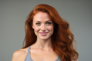Fototapeta premium A woman with long red hair smiling at the camera. Suitable for various uses