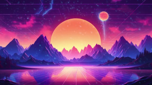 Synthwave tech Digital synthwave frame with mountains and sun background. Neon futuristic landscape with purple vaporwave trees and - Seamless loop animation, created using AI Generative Technology