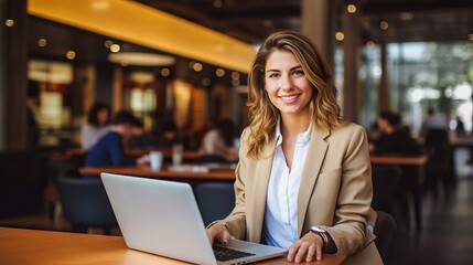 Fototapeta premium Confident and smiling business woman working on laptop in modern office