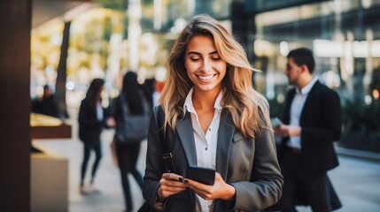 Confident and smiling business woman using smartphone in modern office - obrazy, fototapety, plakaty