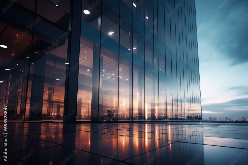 Poster a stunning image of a large glass building with a beautiful sunset in the background. perfect for ar