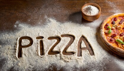 Pizza text written on the table with bread flour - Powered by Adobe