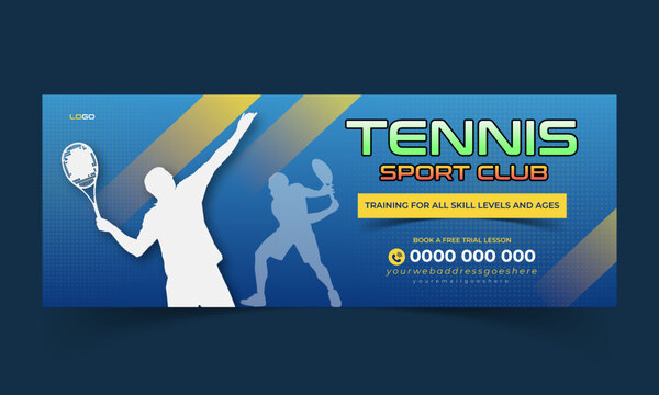 Tennis sports club timeline or social media cover, tennis lesson tournament with a player in blue gradient color poster