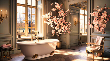 Polished Bathroom with Marble Tiles, Gold Fixtures, and White Orchids, Spa Sanctuary,