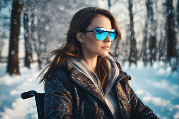 Beautiful woman in wheelchair in the snow, wearing sunglasses in winter.