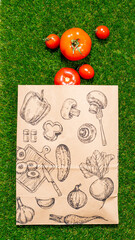 a paper bag lies on the green grass with fruits and vegetables around, moss, mock up