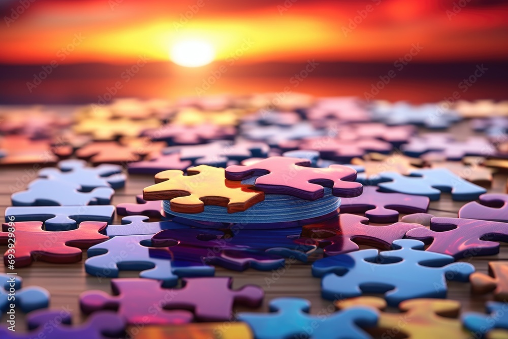 Poster a pile of puzzle pieces sitting on top of a table. perfect for illustrating problem-solving, teamwor