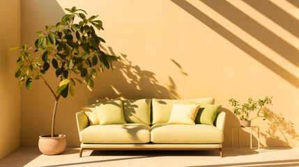 Sunlit Minimalist Living Room with Light Green Sofa, Indoor Plants, and Soft Beige Tones