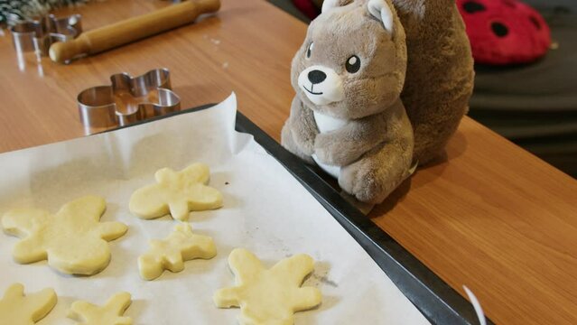Cute soft toy squirrel making gingerbread man cookies. High quality 4k footage