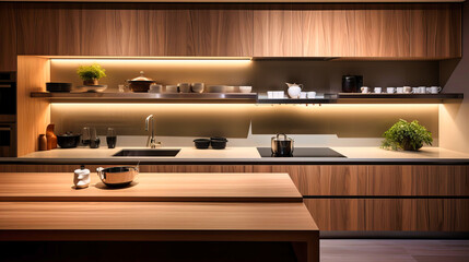 Fototapeta na wymiar Sleek Modern Kitchen Design with Wooden Finish, Ambient Lighting, and Clean Lines in Contemporary Home