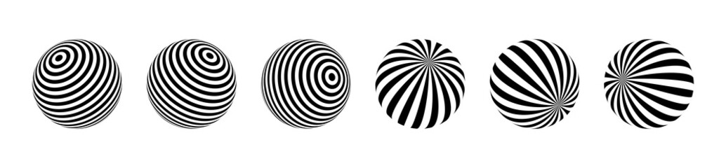 Optical illusion of the globe pack. 3D wave stripe spheres. Isolated vector illustration on white background. - obrazy, fototapety, plakaty