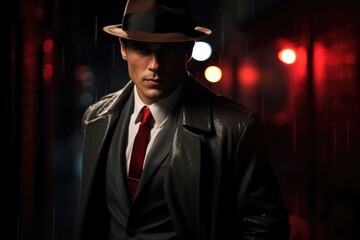 Male model as a classic film noir detective in a moody urban setting