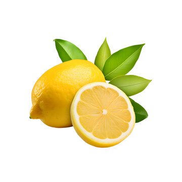 Fresh lemon fruit with leaves png background.