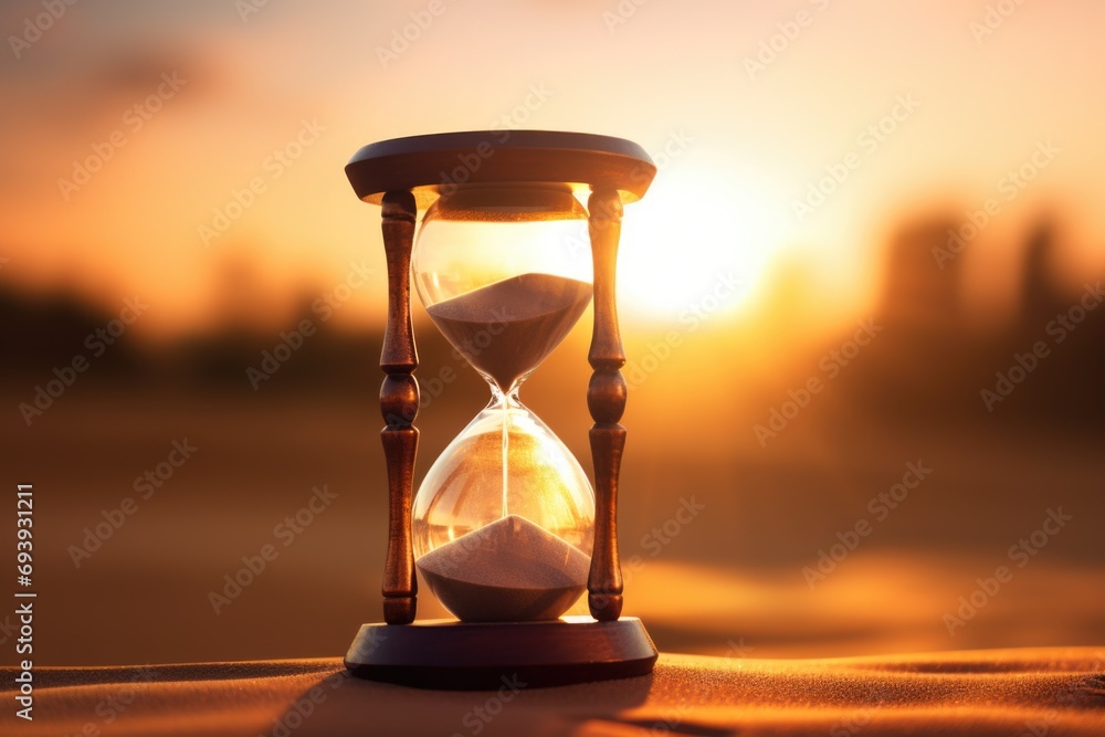 Aufkleber an hourglass sitting on top of a table. suitable for time management concepts and productivity theme