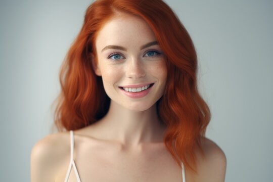A woman with striking red hair and captivating blue eyes. This image can be used in various projects that require a beautiful female model with unique features