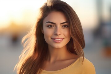 Obraz premium A stunning young woman with gorgeous, flowing brown hair. Perfect for beauty and fashion-related projects