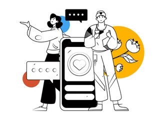 Virtual characters social communication concept business flat vector hand drawn illustration
