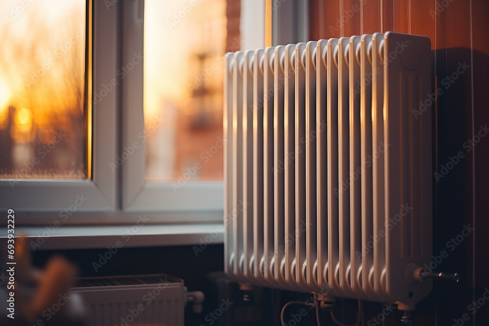 Poster a white radiator positioned next to a window. this image can be used to showcase a modern heating sy