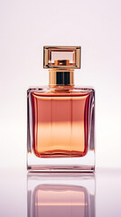 A bottle of perfume on a white surface, in the style of dark pink and light brown