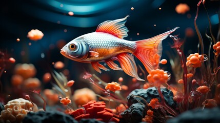 A dazzling goldfish gracefully navigates the aquatic world, surrounded by colorful reef and vibrant underwater decor in its freshwater aquarium