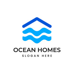 ocean homes logo design, combination of home house building with blue water wave sea logo design vector  