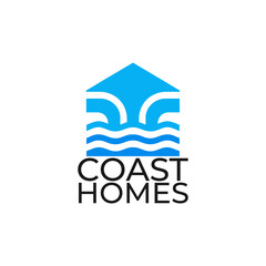 Coast homes logo design has a concept that calms the combination of waves and houses, and ocean blue is the dominant color