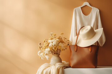 Stylish bag with flowers and hat on shelf in room. Fashionable concept