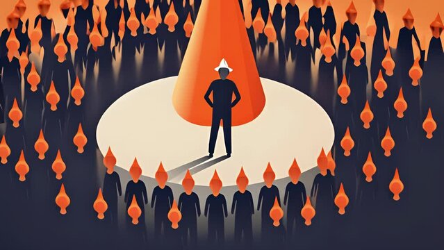 A person with a dunce cap on their head standing in the middle of a circle of people. Psychology art concept.