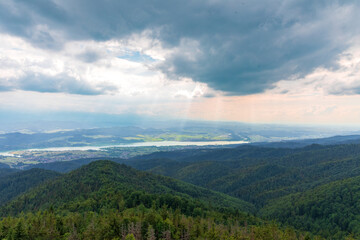 View from the observation tower on the top of Lubań towards the Dunajec River and Lake Czorsztyńskie