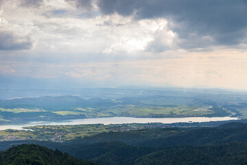 View from the observation tower on the top of Lubań towards the Dunajec River and Lake Czorsztyńskie