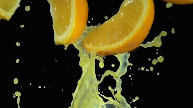 Slices of orange are bouncing with the splashes of the orange juice