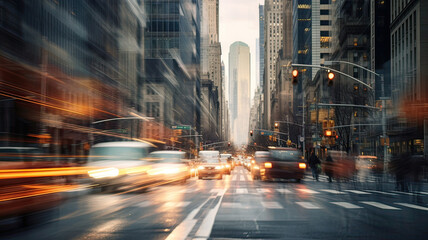 Dynamic Rush Hour in a Bustling Downtown Cityscape: Busy Streets with Blurred Traffic, Illuminated Skyscrapers, and Vibrant Urban Energy