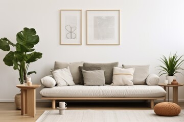 A comfortable living room with a stylish couch, a coffee table, and beautiful potted plants. Perfect for home decor, interior design, and lifestyle themes