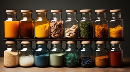 A vibrant display of preserved foods, neatly organized in mason jars, adorns the indoor shelf,...