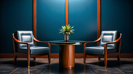 Sleek Modern Meeting Area with Leather Chairs and Round Table Against a Dark Teal Wall