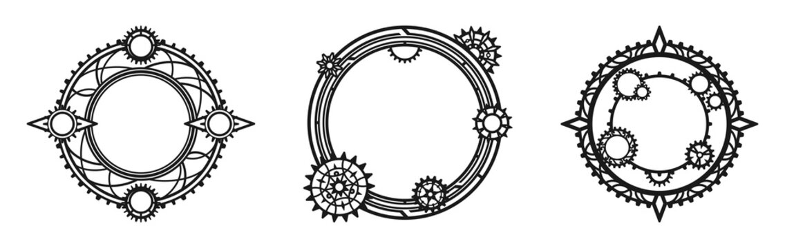 Round openwork frames in the shape of a gear with decorative cogwheels. Black elements isolated on a white background. Steampunk. Vector set for greeting card, signage, label, laser or plotter cutting