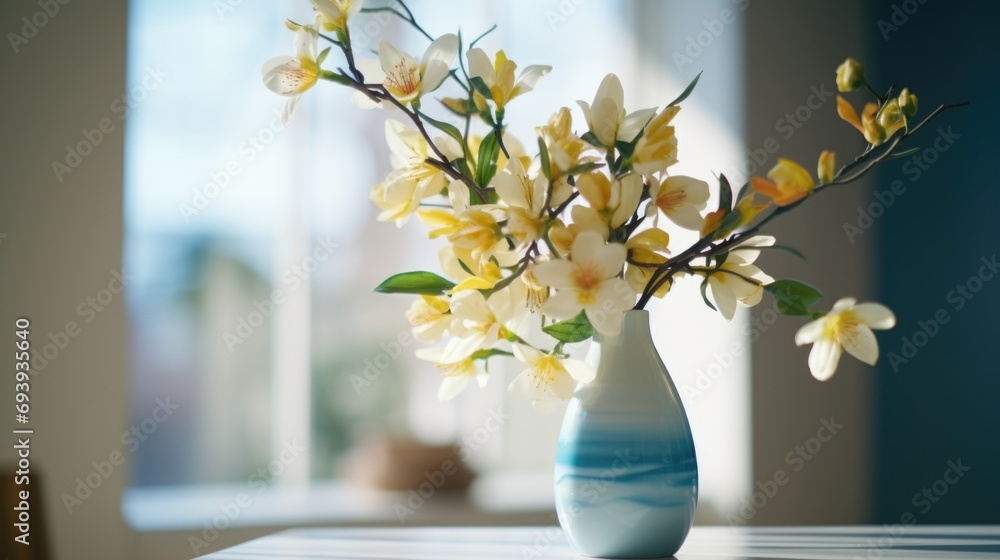 Poster A vase of flowers sits on a table in front of a window. This image can be used to add a touch of nature and beauty to any interior design project