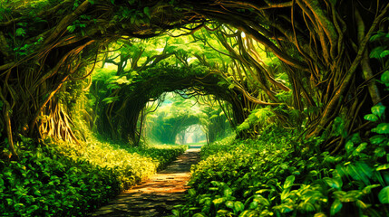 Tranquil Rainforest Path Amidst Lush Green Foliage