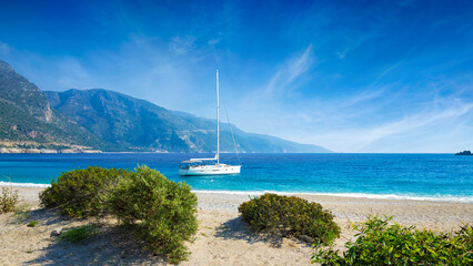 Oludeniz beach with blue sea on Mediterranean coast of Turkey