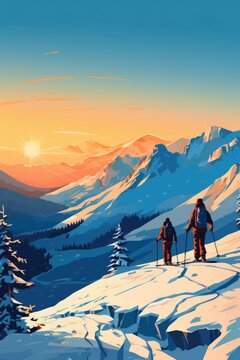 A picture of a couple riding skis down a snow covered slope. Perfect for winter sports and adventure themes