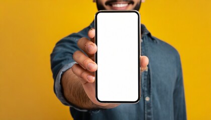 Close up of man hand holding modern smart phone mockup, yellow background, text space