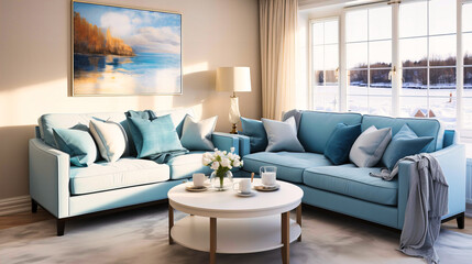 Serene Winter Morning in a Stylish Living Room with Light Blue Sofa and Elegant Decor