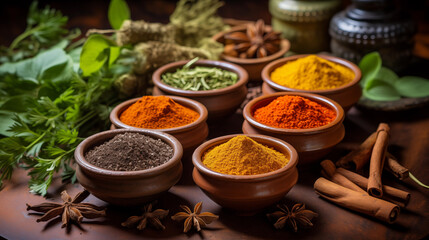 Vibrant Indian Spices and Herbs in Cooking Bowls, colorful Background