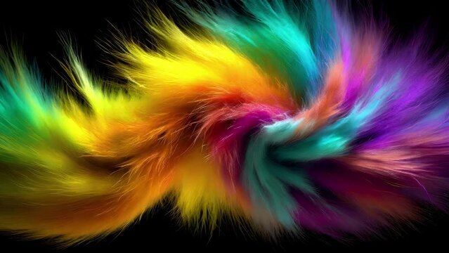 Vibrant colorful transforming, swirling, fuzzy, furry fibers. 2d hand animation effects applied to AI generated image.