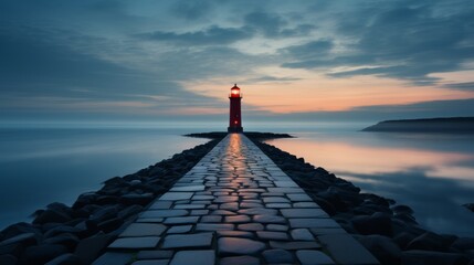 As the sun sets over the horizon, a stone path winds through the clouds towards a solitary lighthouse, its reflection shimmering on the tranquil waters of the seascape