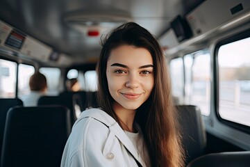 Portrait of smiling happy teenage girl in school bus.
