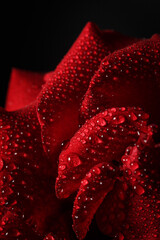 Beautiful red rose with dew, macro view of a rose with dew