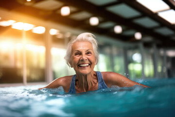 An elderly woman swims in the pool and smiles, a sport for the elderly